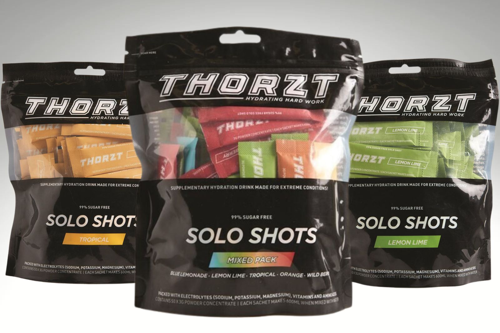 three packing of thorzt drink solo shot in different flavours