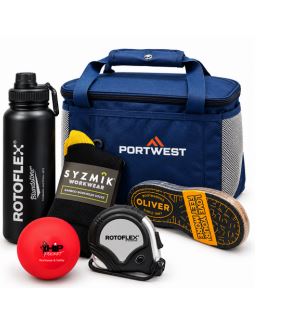 Example Accessories Pack with Rotoflex bottle, Portwest cooler bag, Syzmik socks and Oliver boot insoles
