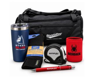 Example Accessories Pack with Blundstone bag, Steel Blue stubby cooler, Redback holder, Rotoflex tape measure and pen