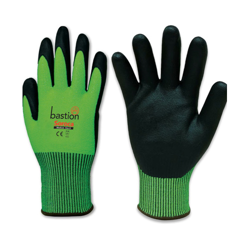 WORKWEAR, SAFETY & CORPORATE CLOTHING SPECIALISTS  - Soroca, Cut 5 High Viz Green, HPPE Gloves,13G, Black Micro Foam Nitrile Palm Coating, X Large