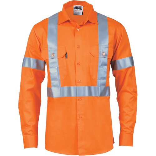 WORKWEAR, SAFETY & CORPORATE CLOTHING SPECIALISTS  - HiVis Cool-Breeze Cotton Shirt with ?X? Back & additional 3m r/Tape on Tail - long sleeve