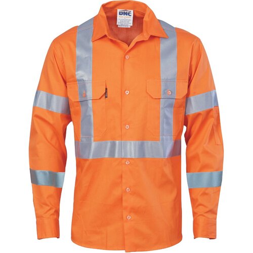 WORKWEAR, SAFETY & CORPORATE CLOTHING SPECIALISTS  - Hivis cool-breeze cotton shirt with double hoop on arms & 'X' back CSR R/tape - long sleeve