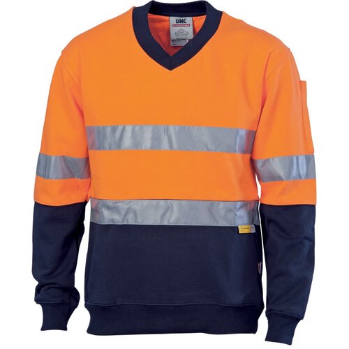 WORKWEAR, SAFETY & CORPORATE CLOTHING SPECIALISTS  - HiVis Two Tone Cotton Fleecy Sweat Shirt V-Neck with 3M R/Tape