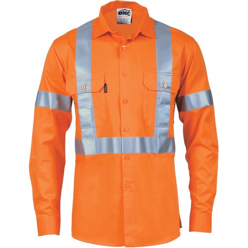 WORKWEAR, SAFETY & CORPORATE CLOTHING SPECIALISTS  - HiVis D/N Cotton Shirt with Cross Back Generic R/Tape - long sleeve