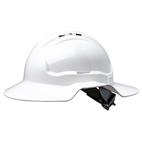 WORKWEAR, SAFETY & CORPORATE CLOTHING SPECIALISTS  - White Broad Brim Vented Hard Hat  Ratchet