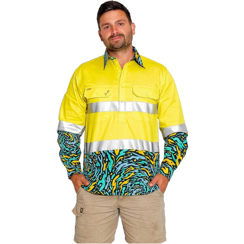 WORKWEAR, SAFETY & CORPORATE CLOTHING SPECIALISTS  - MENS SPUN OUT HI VIS DAY/ NIGHT YELLOW 1/2 PLACKET WORKSHIRT