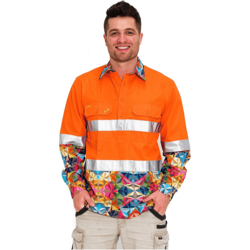 MENS FRACTAL HI VIS DAY/ NIGHT ORANGE 1/2 PLACKET WORKSHIRT