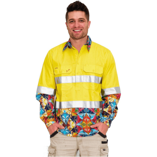 WORKWEAR, SAFETY & CORPORATE CLOTHING SPECIALISTS  - MENS FRACTAL HI VIS DAY/ NIGHT YELLOW 1/2 PLACKET WORKSHIRT