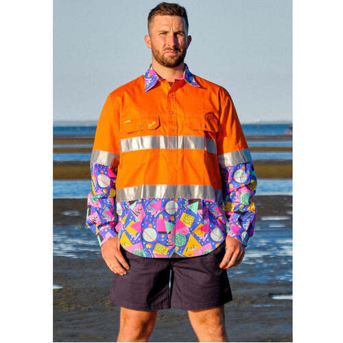 WORKWEAR, SAFETY & CORPORATE CLOTHING SPECIALISTS  - MENS COSMIC CONFETTI HI VIS DAY/ NIGHT ORANGE 1/2 PLACKET WORKSHIRT